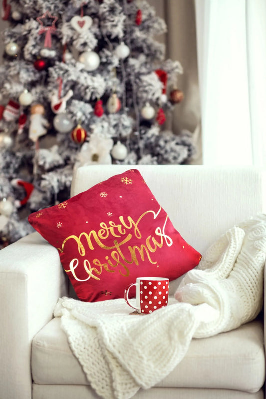 Red Velour Merry Christmas Cushion Cover