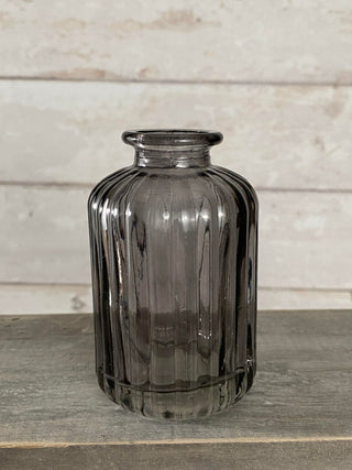 Smoked Grey Ribbed Glass Bud Vase